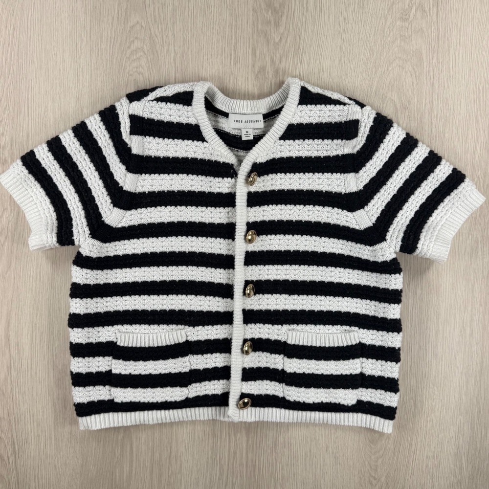 Black White Striped Knit Cardigan Free Assembly Nautical Coastal Chic